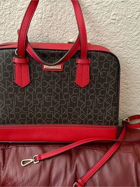 Calvin Klein Brown Monogram Satchel with Red Trim